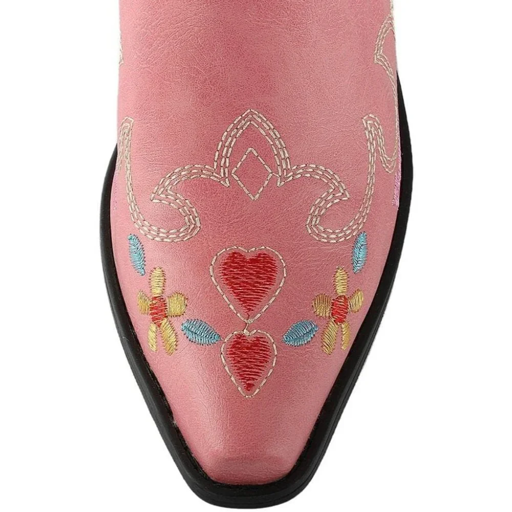 Women's Pink Floral Embroidered Cowgirl Boots Chunky Low Heels Pull On Shoes - Picture 2 of 4